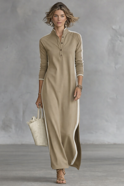 Vestido Maxi Estilo Sudadera para Mujer con Cuello con Botones y Ribete Blanco