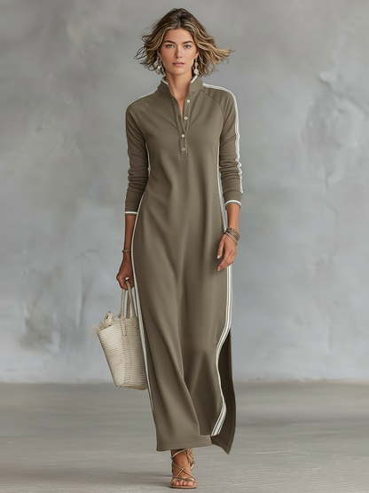 Vestido Maxi Estilo Sudadera para Mujer con Cuello con Botones y Ribete Blanco
