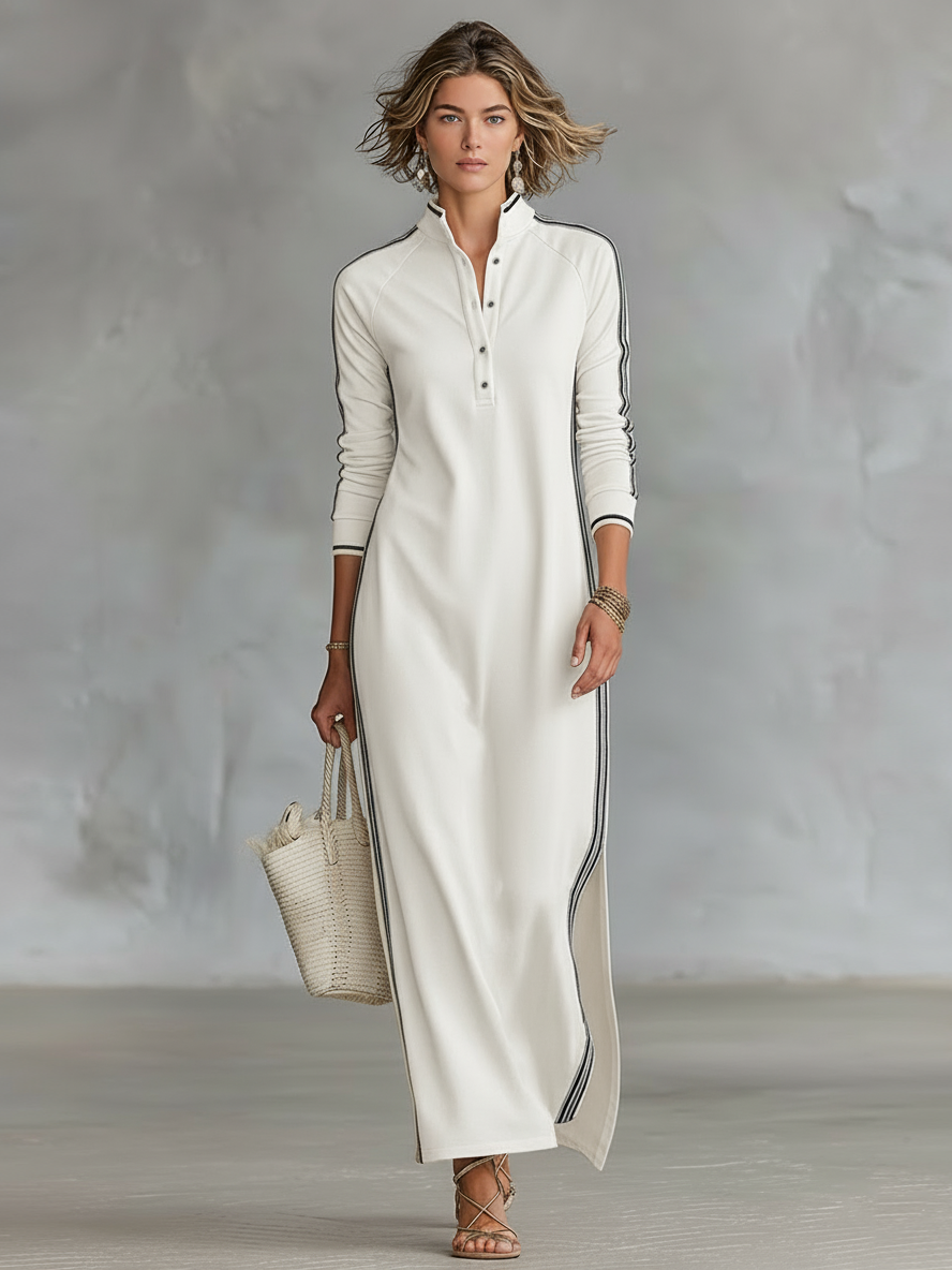 Vestido Maxi Estilo Sudadera para Mujer con Cuello con Botones y Ribete Blanco