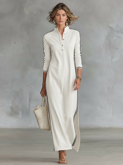 Vestido Maxi Estilo Sudadera para Mujer con Cuello con Botones y Ribete Blanco