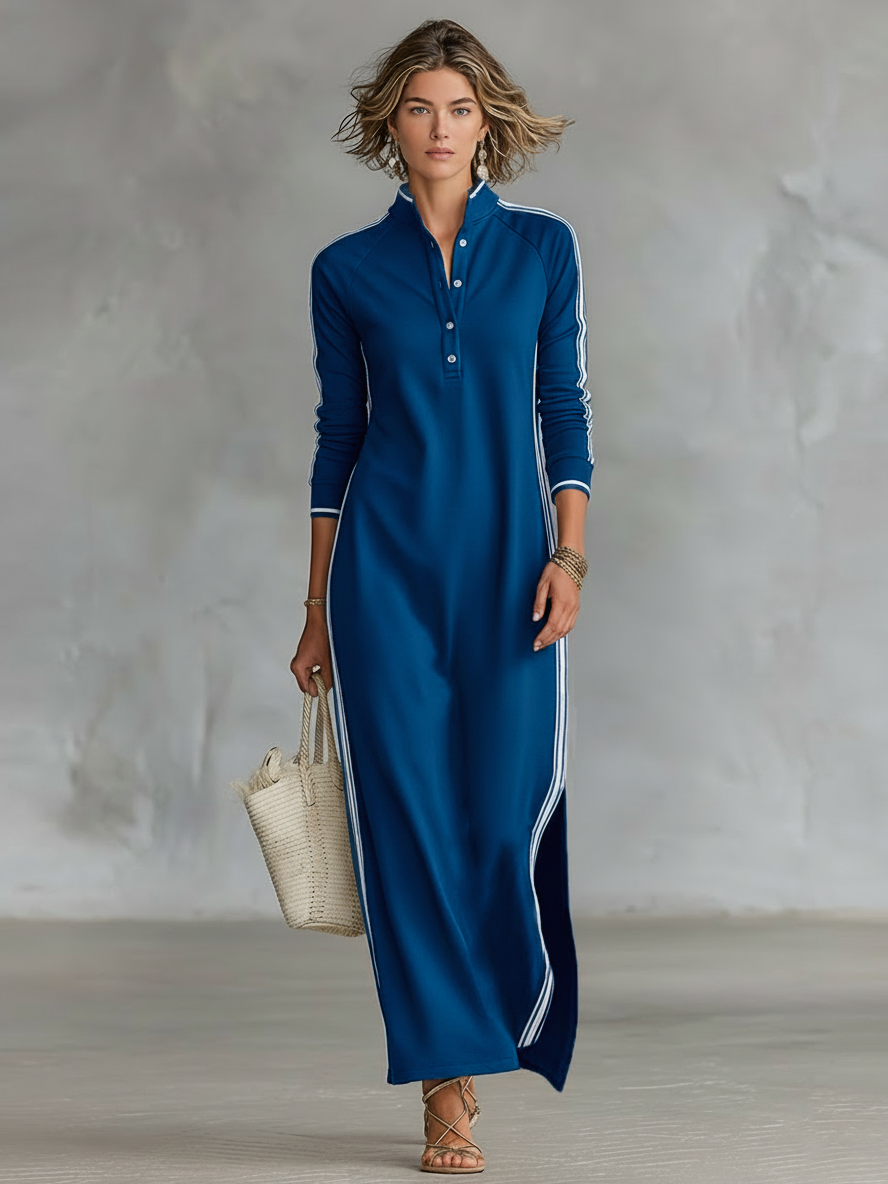Vestido Maxi Estilo Sudadera para Mujer con Cuello con Botones y Ribete Blanco