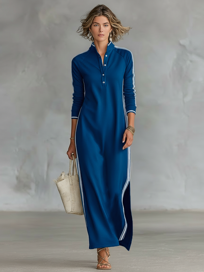 Vestido Maxi Estilo Sudadera para Mujer con Cuello con Botones y Ribete Blanco