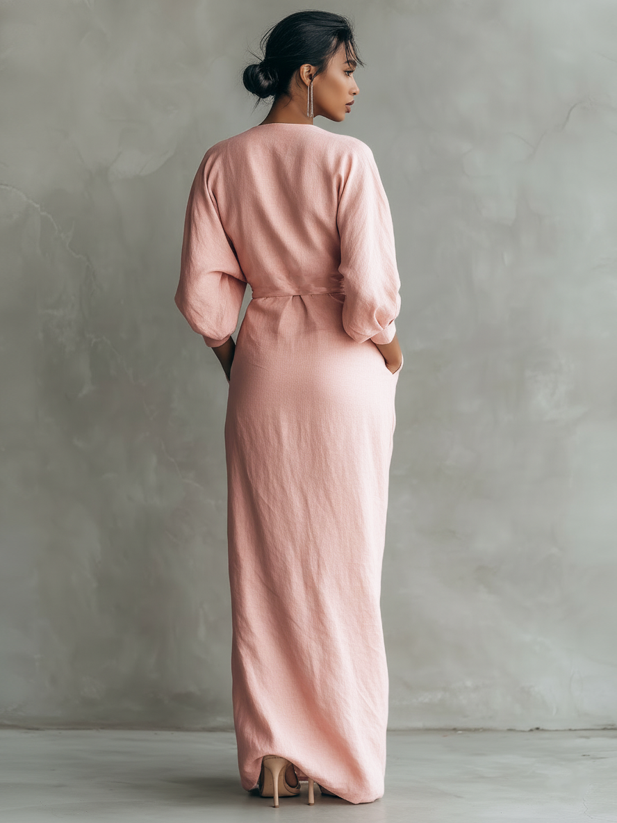 Vestido Maxi Minimalista Rosa con Cuello en V para Mujer
