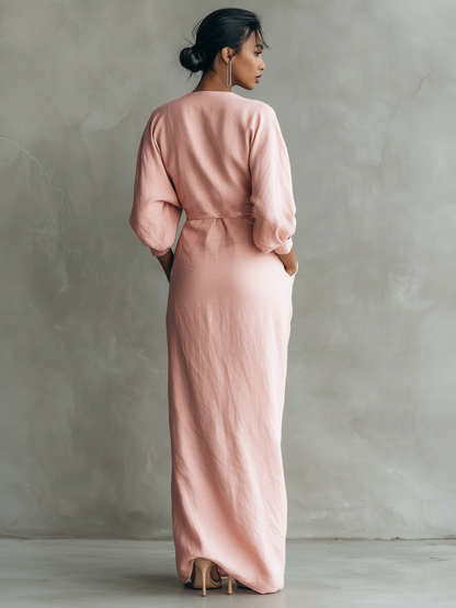 Vestido Maxi Minimalista Rosa con Cuello en V para Mujer