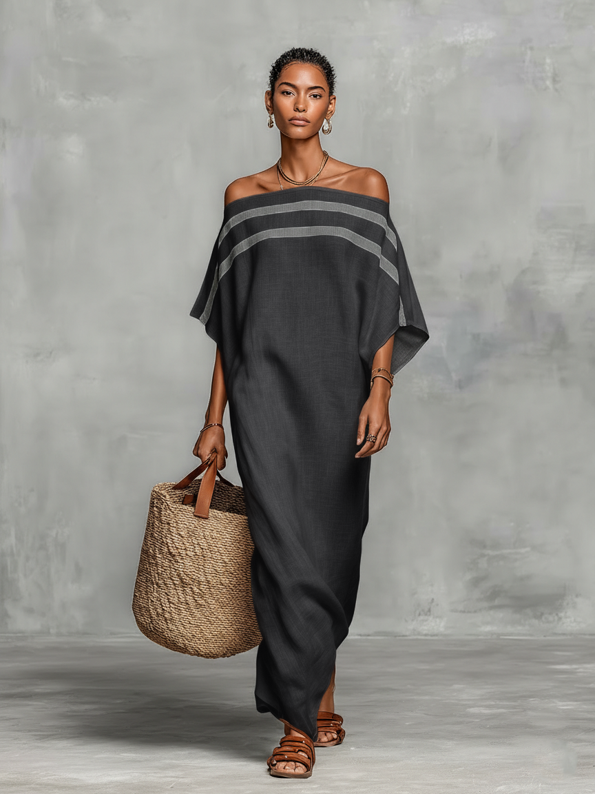 Vestido Maxi Minimalista para Mujer con Escote de Hombros Descubiertos y Mangas Murciélago