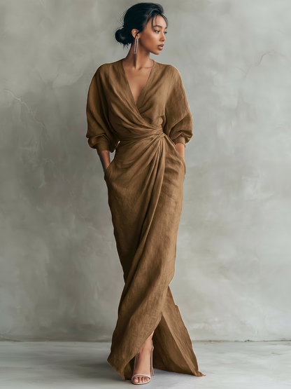 Vestido Maxi Minimalista Rosa con Cuello en V para Mujer