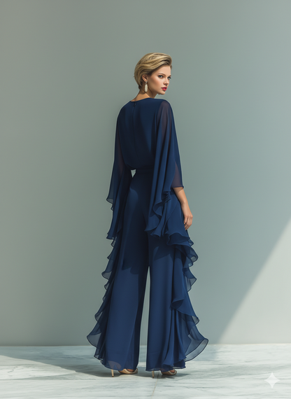 Conjunto Azul Marino con Mangas Acampanadas y Pantalón Recto con Detalles Fruncidos