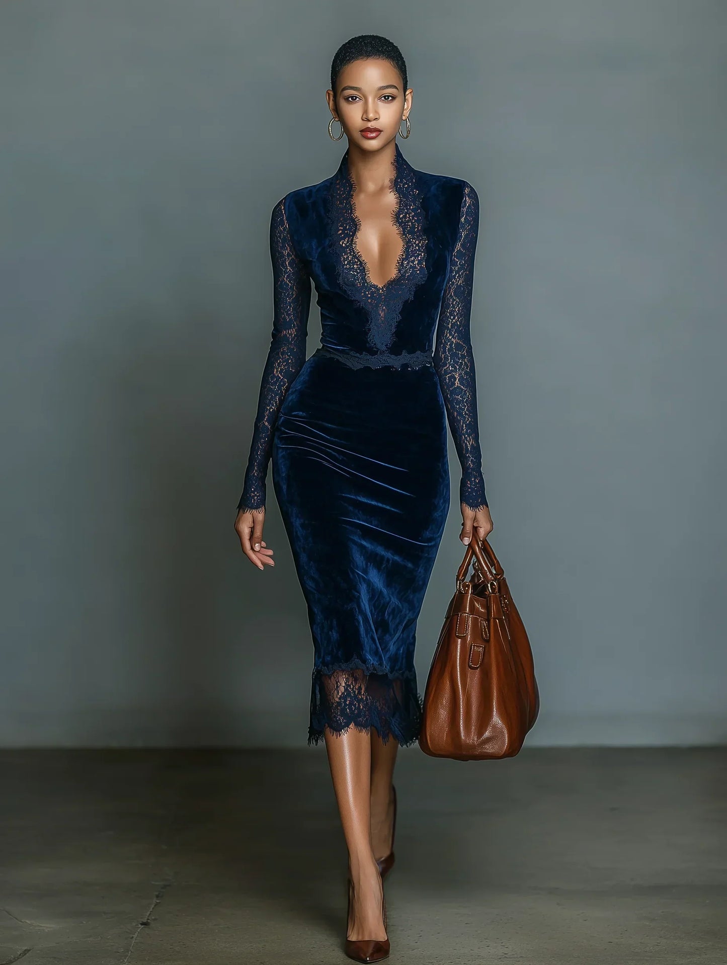 Elegante y Moderno Vestido Midi Azul Marino Entallado con Cuello en V para Mujer, con Encaje en Escote y Mangas