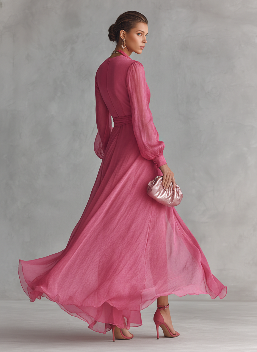 Elegante vestido largo rosa con perlas y cuello en V para mujer