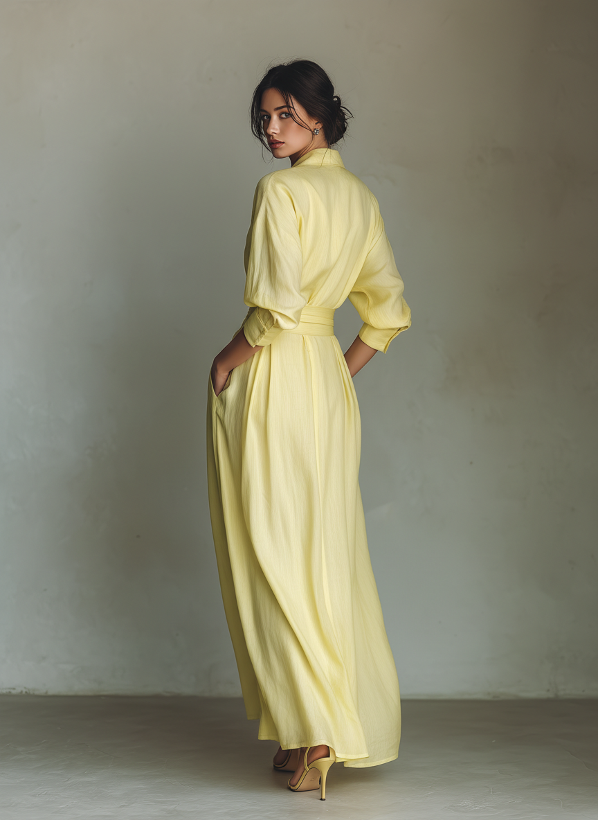 Vestido Camisero Maxi para Mujer en Amarillo Limón con Cinturón Anudado y Manga Tres Cuartos