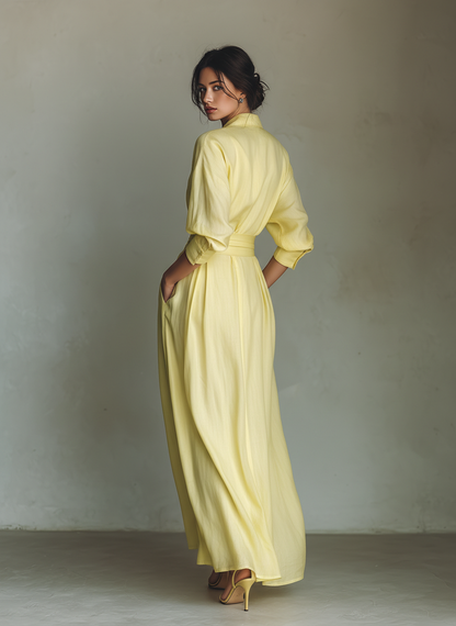 Vestido Camisero Maxi para Mujer en Amarillo Limón con Cinturón Anudado y Manga Tres Cuartos