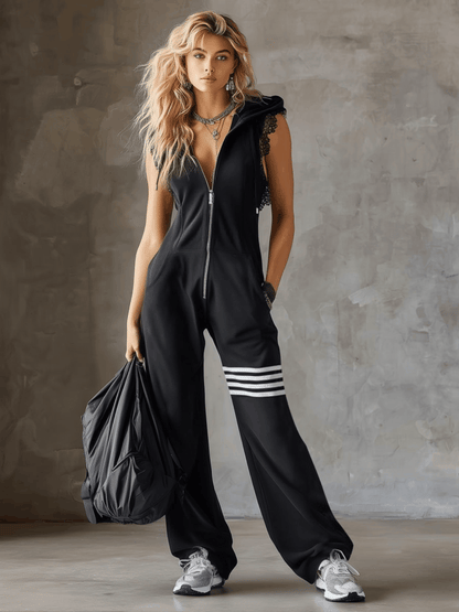 Daniela | Jumpsuit deportivo retro con capucha y rayas