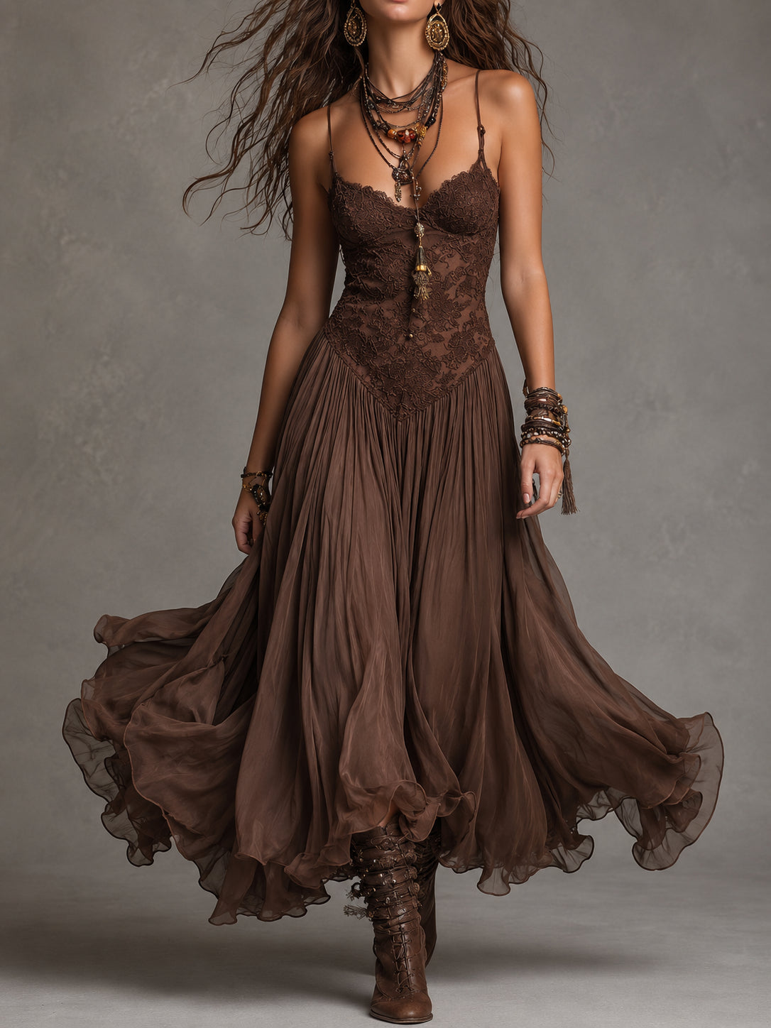 Federica |Vestido Maxi de Gasa y Encaje Marrón