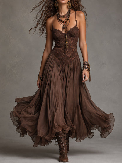 Federica |Vestido Maxi de Gasa y Encaje Marrón