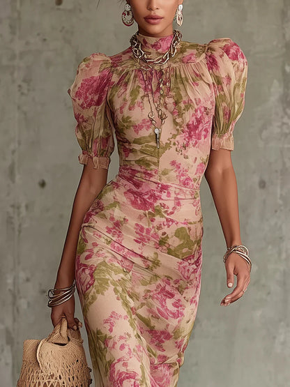 Margaret ∙ Vestido largo con estampado vintage de rosas y mangas abullonadas