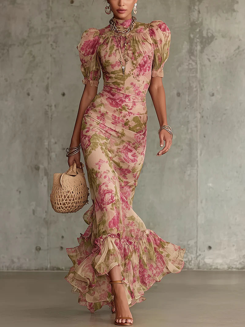 Margaret ∙ Vestido largo con estampado vintage de rosas y mangas abullonadas
