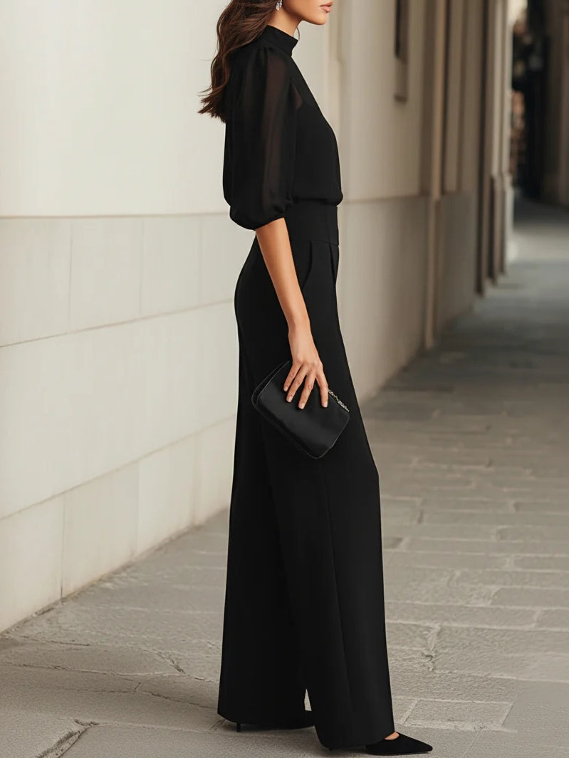 Jessica • Conjunto negro de tres piezas con top de camisola transparente y pantalón ancho