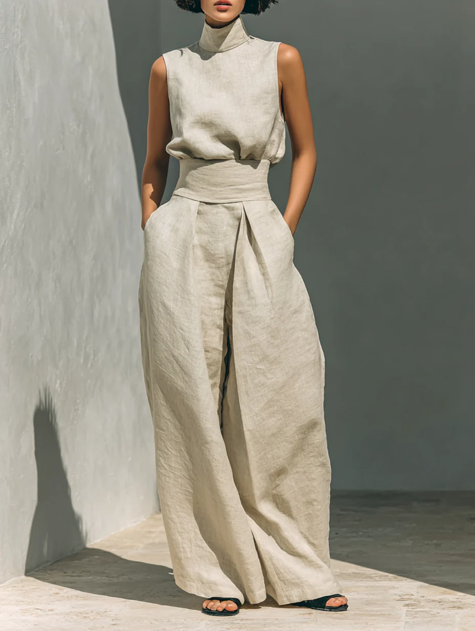 Dorothy • Conjunto de top beige sin mangas y pantalón ancho