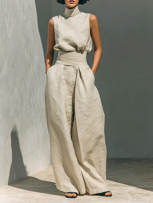 Dorothy • Conjunto de top beige sin mangas y pantalón ancho