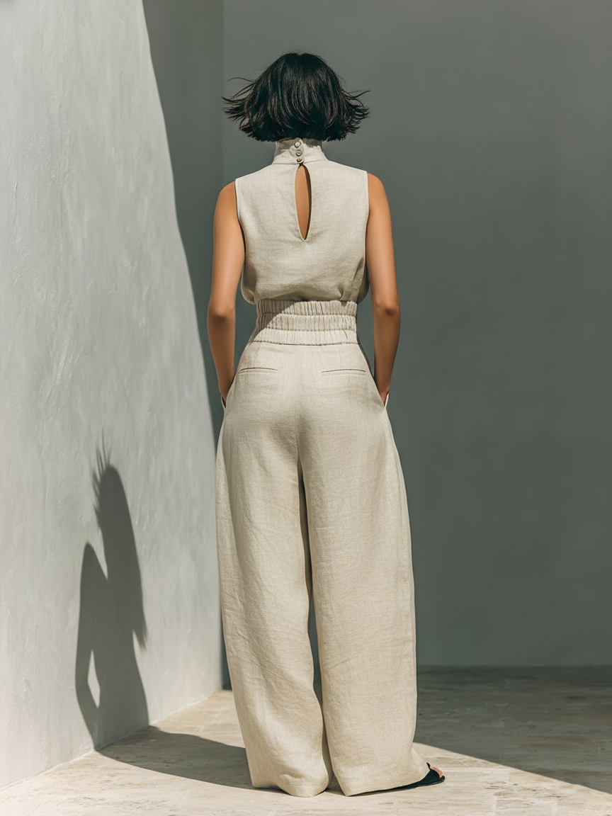 Dorothy • Conjunto de top beige sin mangas y pantalón ancho