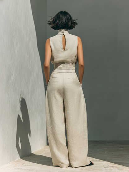 Dorothy • Conjunto de top beige sin mangas y pantalón ancho