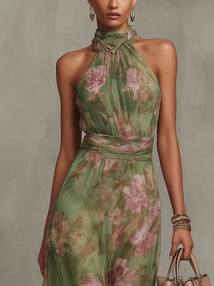 Ruth ∙ Vestido largo verde floral con cuello halter