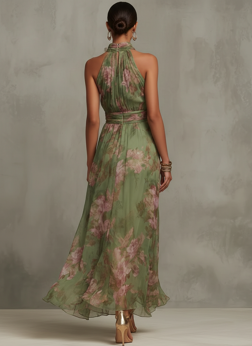 Ruth ∙ Vestido largo verde floral con cuello halter