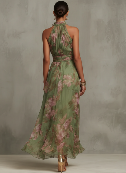 Ruth ∙ Vestido largo verde floral con cuello halter