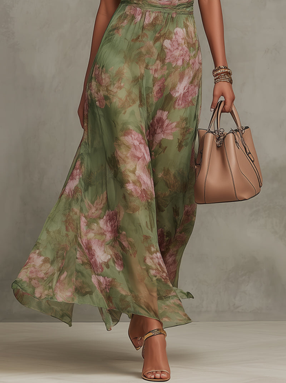 Ruth ∙ Vestido largo verde floral con cuello halter