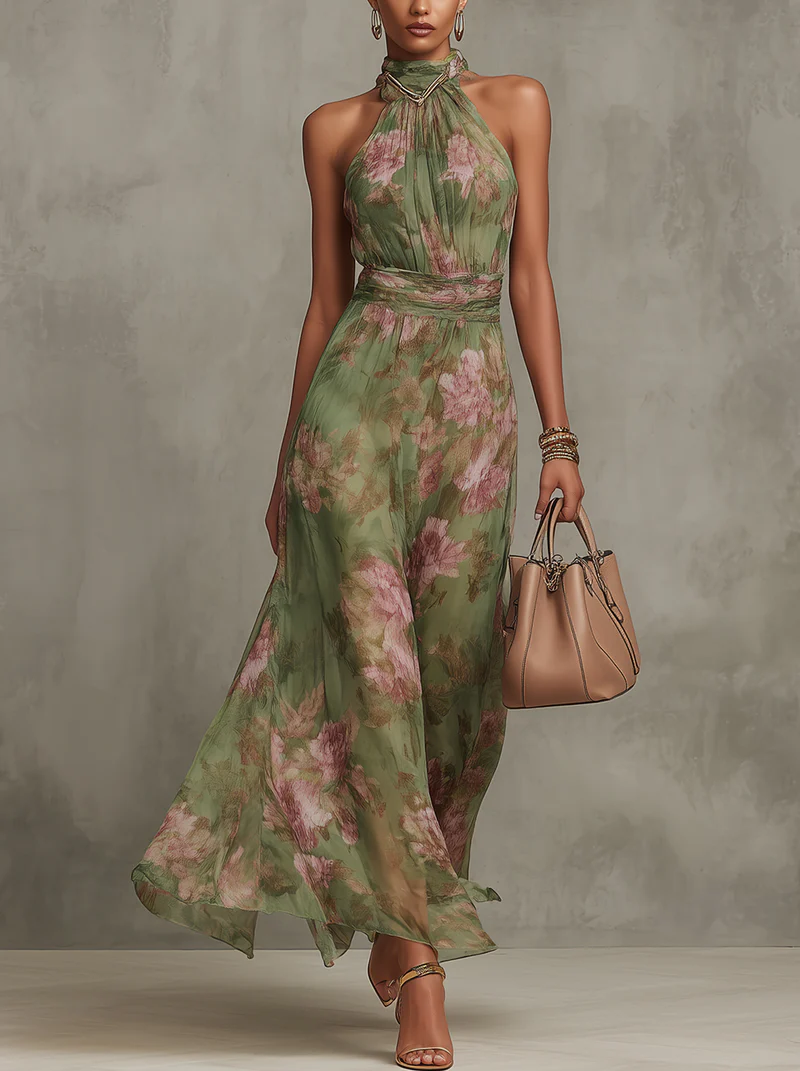 Ruth ∙ Vestido largo verde floral con cuello halter