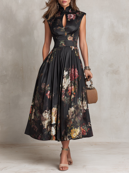Patricia | Vestido Midi Plisado de Satín Floral Negro