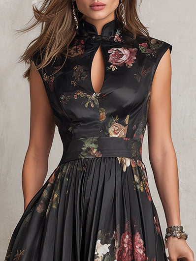 Patricia | Vestido Midi Plisado de Satín Floral Negro