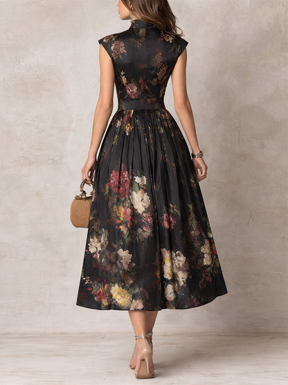 Patricia | Vestido Midi Plisado de Satín Floral Negro