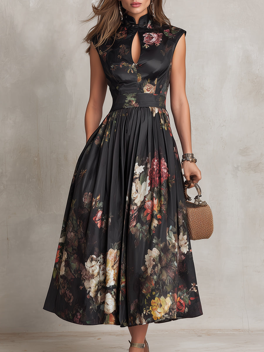 Patricia | Vestido Midi Plisado de Satín Floral Negro