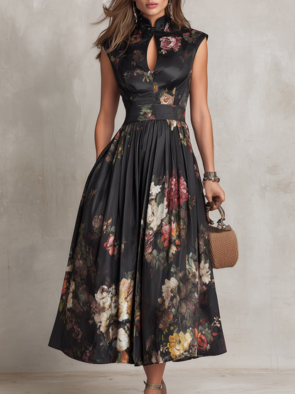 Patricia | Vestido Midi Plisado de Satín Floral Negro