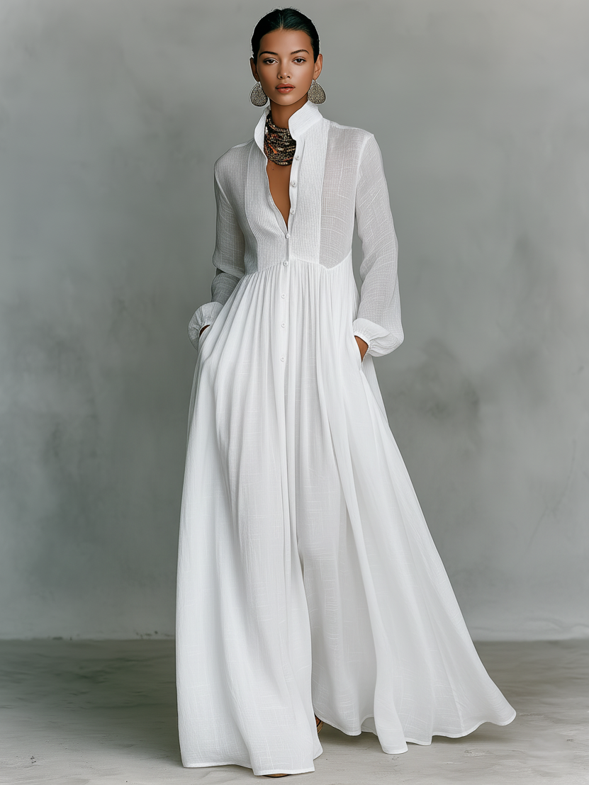 Vestido Maxi Minimalista con Patchwork, Cuello Alto y Manga Larga