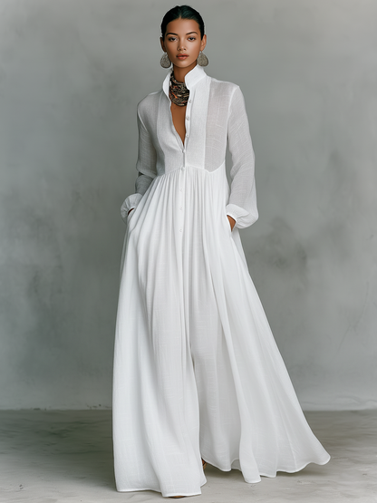 Vestido Maxi Minimalista con Patchwork, Cuello Alto y Manga Larga