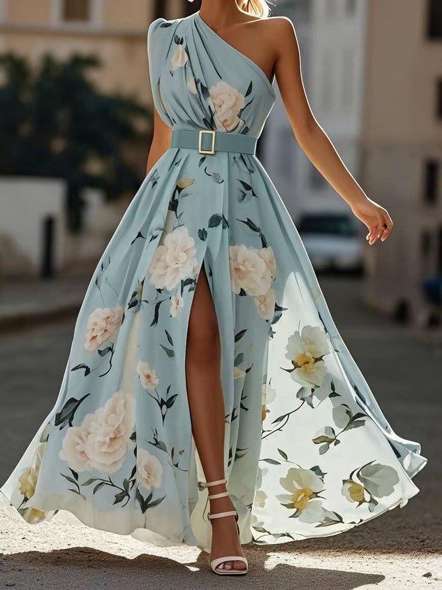 Julie | Vestido Maxi de un Hombro con Estampado Floral Verde Claro