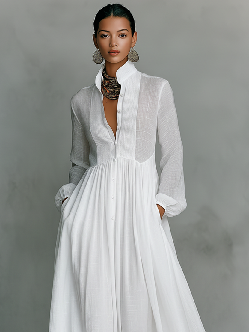 Vestido Maxi Minimalista con Patchwork, Cuello Alto y Manga Larga