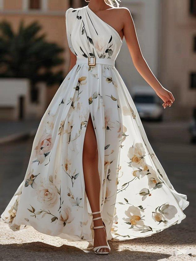 Julie | Vestido Maxi de un Hombro con Estampado Floral Verde Claro