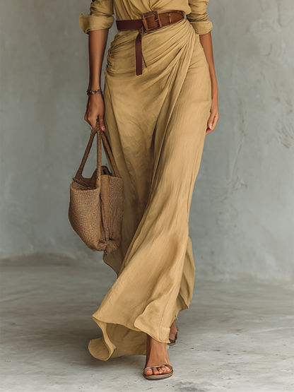 Vestido Maxi Largo con Cuello Solapa y Manga Larga para Mujer