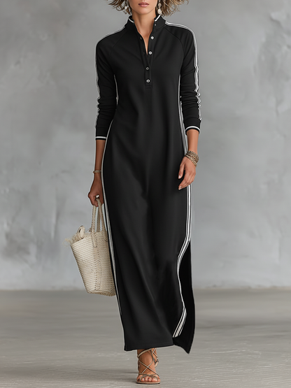 Vestido Maxi Estilo Sudadera para Mujer con Cuello con Botones y Ribete Blanco