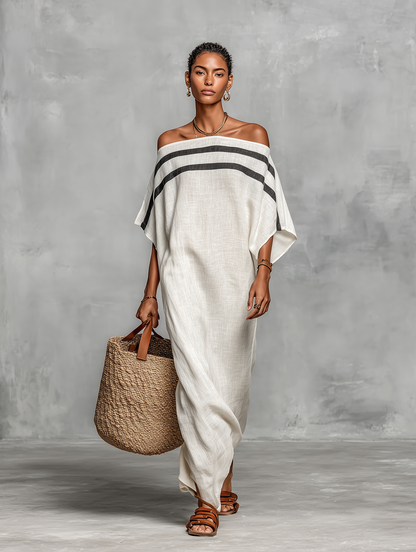 Vestido Maxi Minimalista para Mujer con Escote de Hombros Descubiertos y Mangas Murciélago