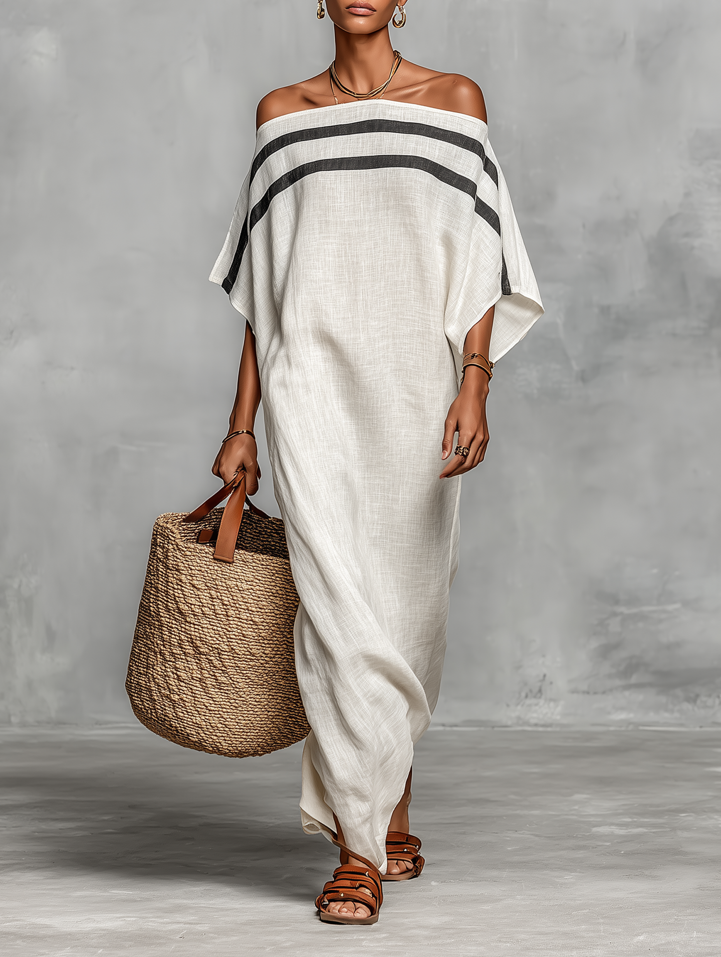 Vestido Maxi Minimalista para Mujer con Escote de Hombros Descubiertos y Mangas Murciélago