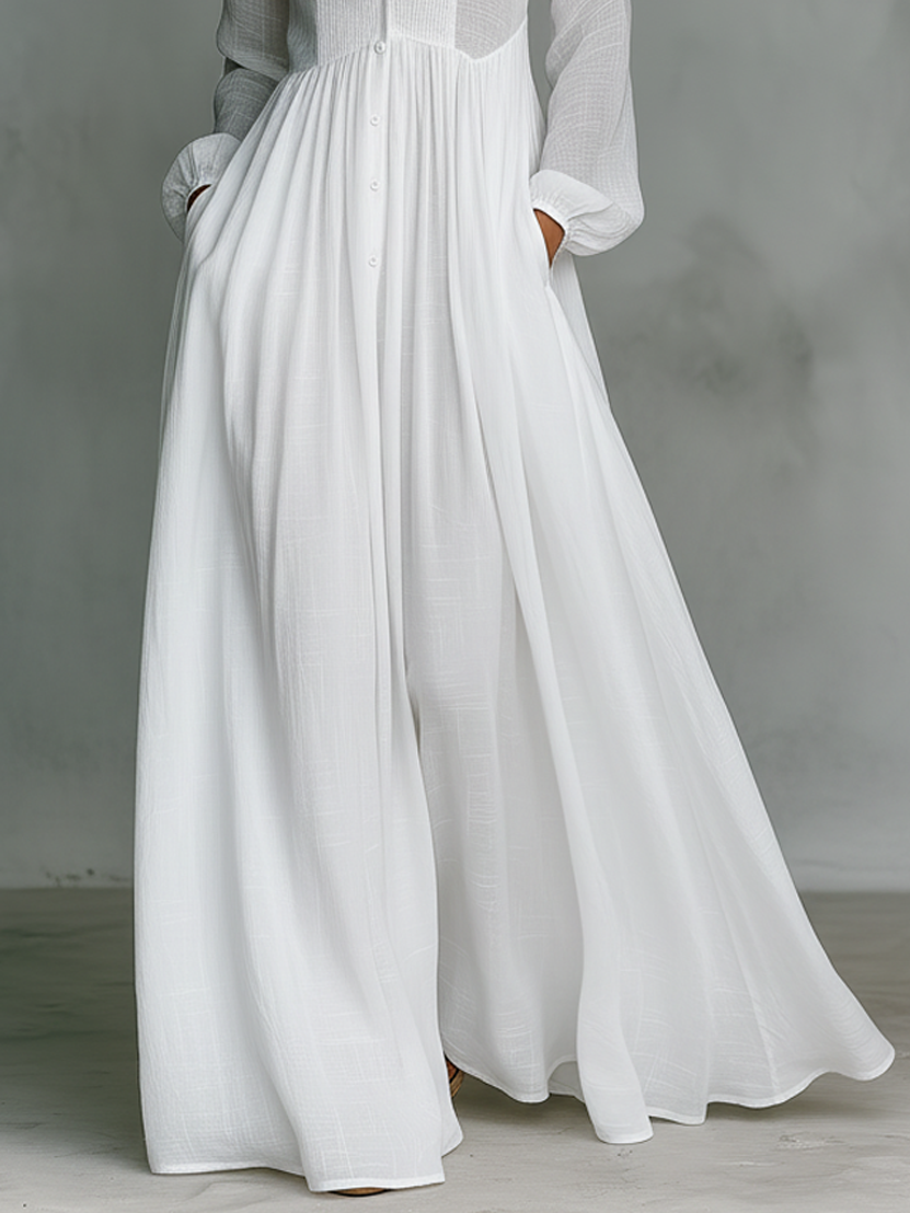 Vestido Maxi Minimalista con Patchwork, Cuello Alto y Manga Larga