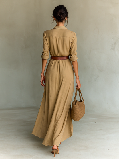 Vestido Maxi Largo con Cuello Solapa y Manga Larga para Mujer
