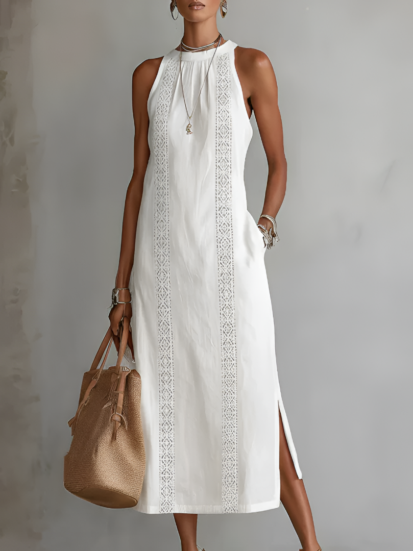 TERESA | Vestido midi de lino con cuello mao