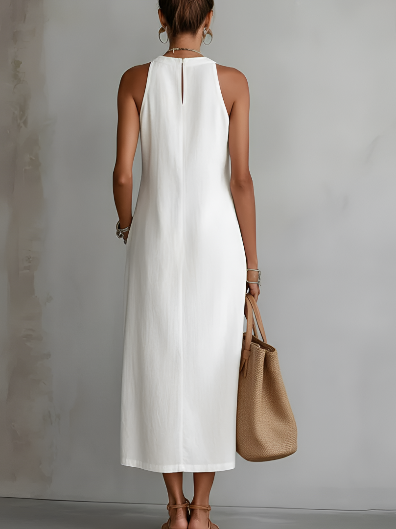 TERESA | Vestido midi de lino con cuello mao